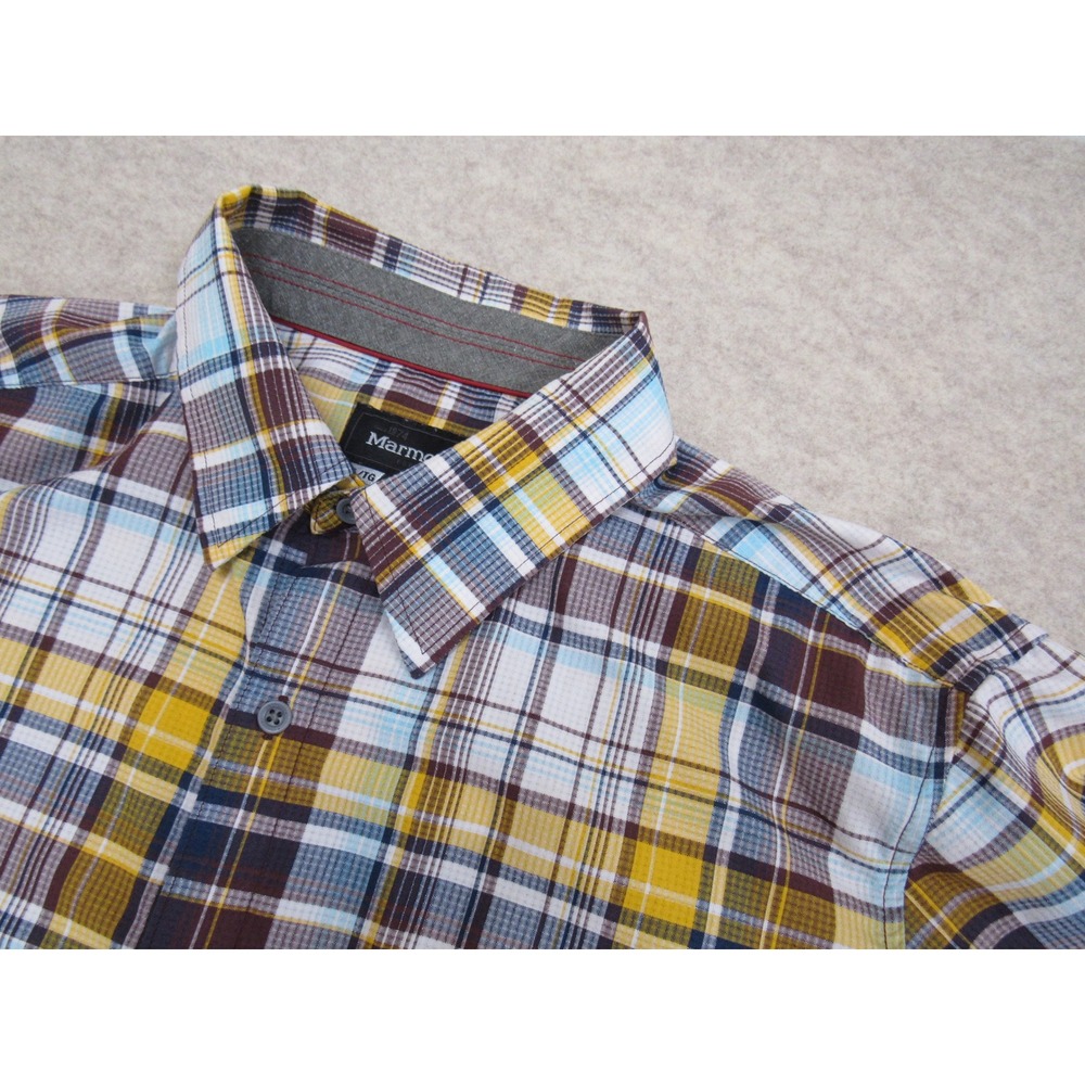 Marmot Mens XL Short Sleeve Plaid Button Down Shirt Yellow Blue Hiking Outdoor